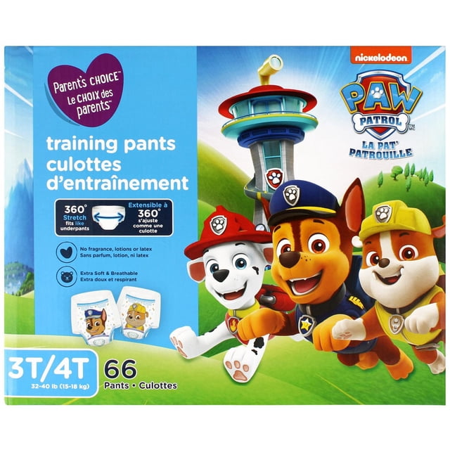 Parent’s Choice Training Pants size 3T/4T (32-40 lb, 15-18 kg) with 360° stretch for underwear-like fit, featuring Nickelodeon Paw Patrol characters, extra soft breathable fabric free of fragrance, lotion, and latex, pack of 66 pants for toddler potty training.