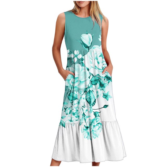 SDNall Womens Round Neck Sleeveless Printed Dress