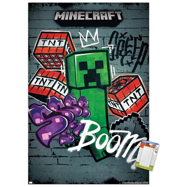 Minecraft - Creeper Do Not Enter Wall Poster, 22.375" x 34", depicting a front-facing green Creeper character with pixelated design, surrounded by red TNT blocks labeled 'TNT', graffiti-style purple 'Ssss' and white 'Boom' text, and a pixelated gray pickaxe on a gray brick wall background, ideal for gaming room or bedroom wall decor.
