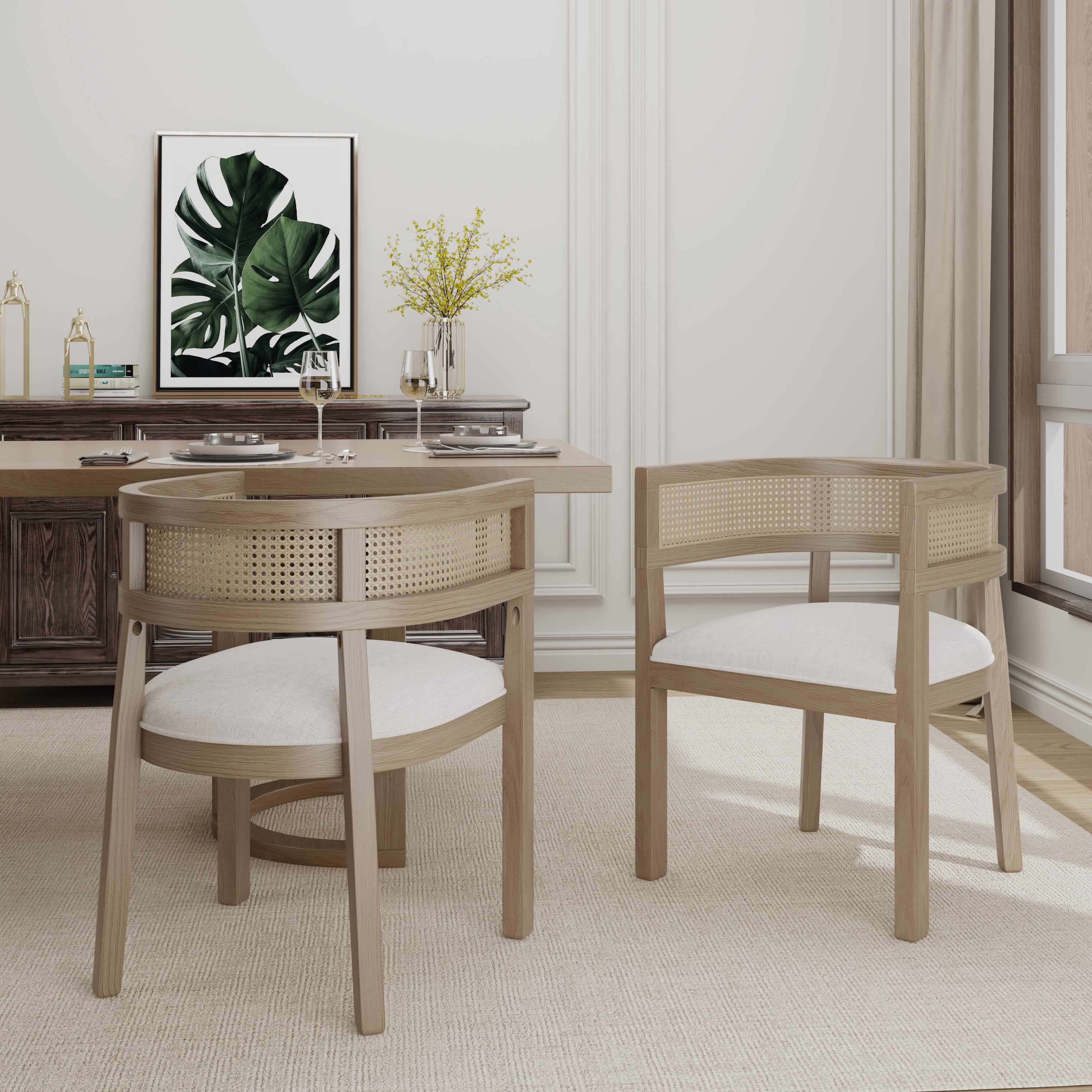 Ensemble de 2 chaises de salle à manger Noble House, dossier rond en rotin, beige et naturel Frêne