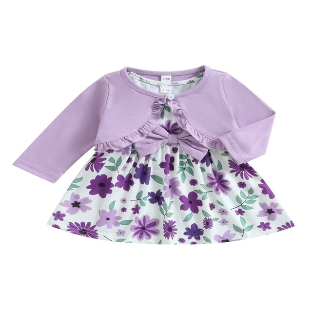 Tenue 2 Pcs pour Bébé Fille, Sans Manches, Col Ras du Cou, Robe Débardeur à Imprimé de Fleurs avec Nœud et Veste, Tenue d'Automne