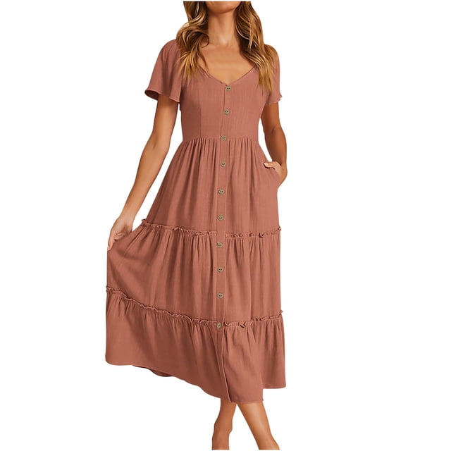 Penkiiy Robes d'Été pour Femmes Décontractées à Manches Courtes, Boutonnées, Col en V, à Étages, Ligne A, Fluides, Robe Midi de Plage avec Poches, m Orange