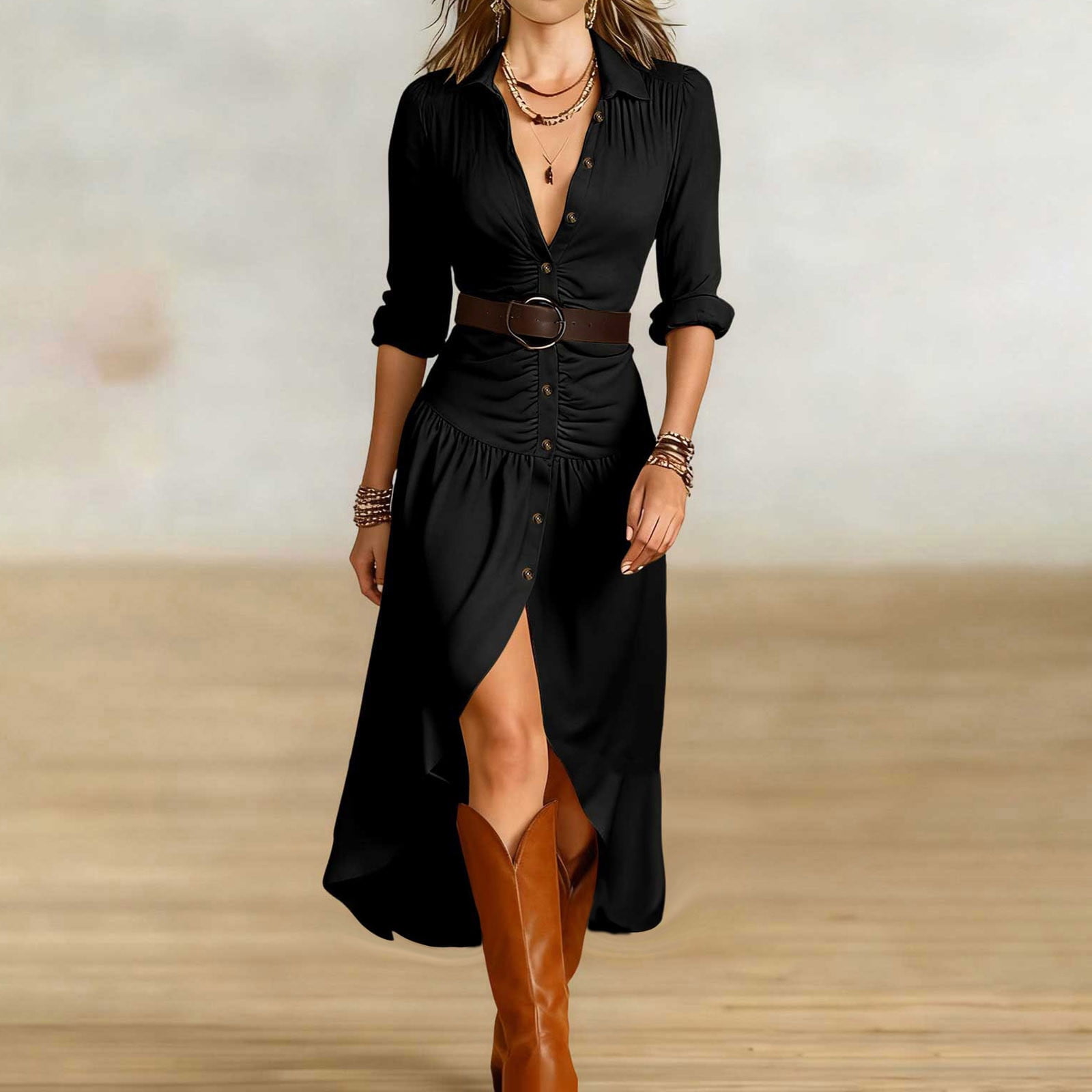 Fznquz Button Down Casual Dresses for Women Black Cowgirl Western Dresses Flowy Y2K Long Sleeve Swing Women Fashion