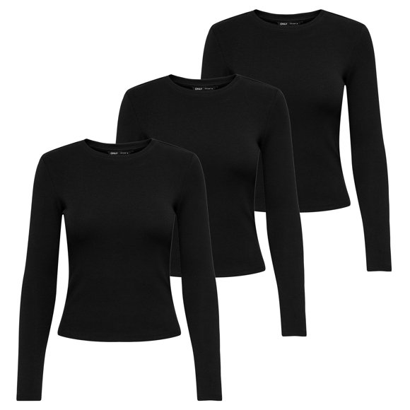 ONLY Women's Long-Sleeved Shirt pack of 3 - ONLRILEY O-NECK TOP, Long Sleeve, Round Neck, Cotton Stretch Black S (Small)