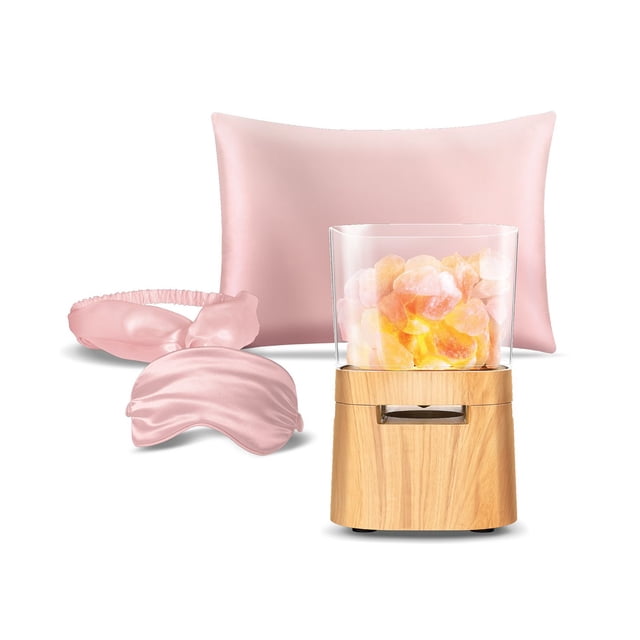 Lomi Lampe Haut-Parleur Bluetooth Sans Fil avec Sel de l'Himalaya + Trousse de Sommeil en Satin, Rose. Lampe de Chevet Centrée au Sel de l'Himalaya avec 7 Lumières Changeant de Couleur Qui Réagissent à Vos Mélodies, Lecture Bluetooth, Masque pour les Yeux en Satin Rose, Bandeau et Taie d'Oreiller; Nettoyage des Taches. Convient comme Haut-Parleur de Chevet Ambiant et Trousse de Sommeil Compacte pour le Voyage.