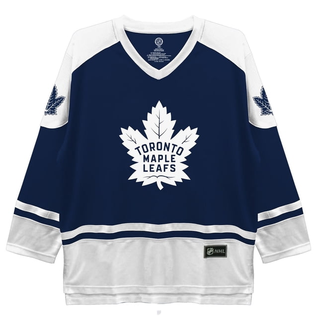 NHL Toronto Maple Leafs Men's Long Sleeve Fans Deluxe Jersey Sweater with navy blue body, white shoulders and cuffs, featuring a large white maple leaf logo and 'Toronto Maple Leafs' text on the front, NHL patch near the hem, made of 100% polyester with long sleeves and pull-over style, ideal for fan wear or casual occasions.
