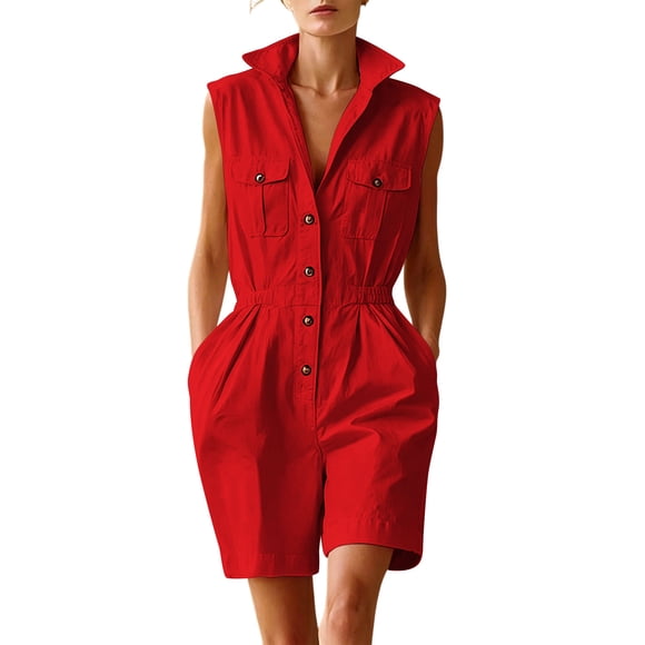 SZJXBUY Womens Shorts Rompers for Summer Elegant Dressy Casual Sleeveless Stand Collar Romper Plus Size A Line Button Down Business Shorts Jumpsuit with Pockets Red,XXL