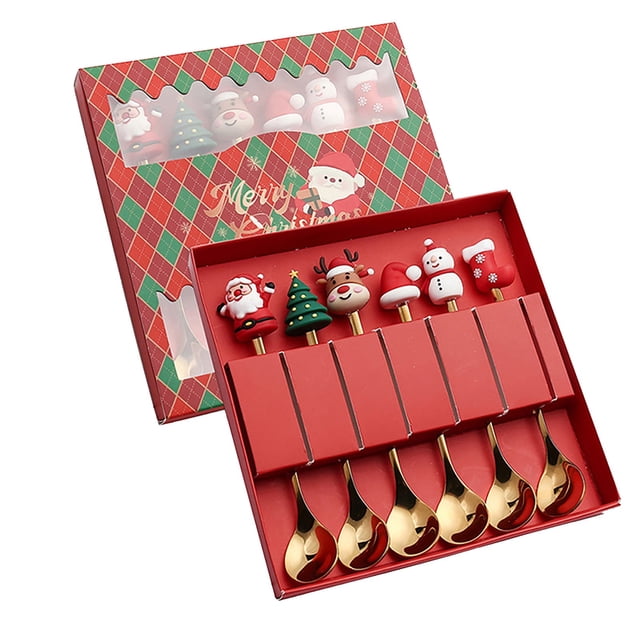 Oleegame 1PC Stainless Steel Cutlery Set Christmas Tableware Set Stainless Steel Spoon Gift Set Dessert Spoon Fork Coffee Spoon Christmas Pendant Spoon Tableware Set Gift