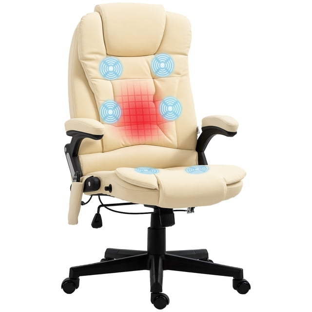 HOMCOM Faux Leather Executive Office Chair Heated Massage Office Chair in beige faux leather with ergonomic design. Features six massage points for back, waist, and thighs, along with a heating function for added comfort. Includes thick padded upholstery, adjustable seat height, manual tilt locking, and a 360° swivel base. Built on a pneumatic gas lift base with five PU caster wheels for smooth movement. Comes with a wired remote control for adjusting massage intensity, mode, heat, and duration.