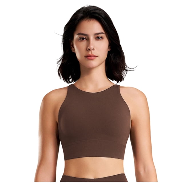 Yuyuzo Sports Bras for Women Wireless High Support Seamless Stretchy Full Coverage Active Workout Crop Tank Tops in a solid brown color. The design features a high neckline, wide straps, and a seamless finish for comfort and support. Made with breathable, stretchy fabric, it provides full coverage and is suitable for active workouts or casual wear.