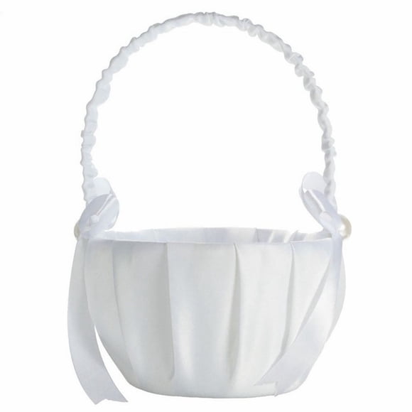 Elegant White Satin Bowknot Pearl Flower Girl Basket Perfect for Weddings Bridal Showers Special Events Class Romance Lightweight Easy Carry Children, 1* Flower Basket