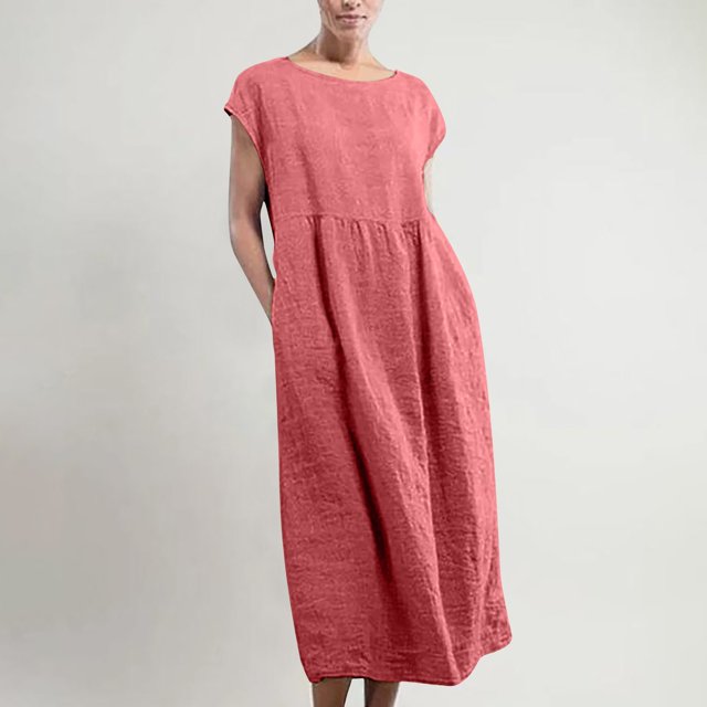 HKEJIAOI Robes Décontractées pour Femmes Offres Liquidation Cadeau d'Anniversaire Mode pour Femmes Uni Sans Manches à Col Rond Robe Longue Rétro Rouge