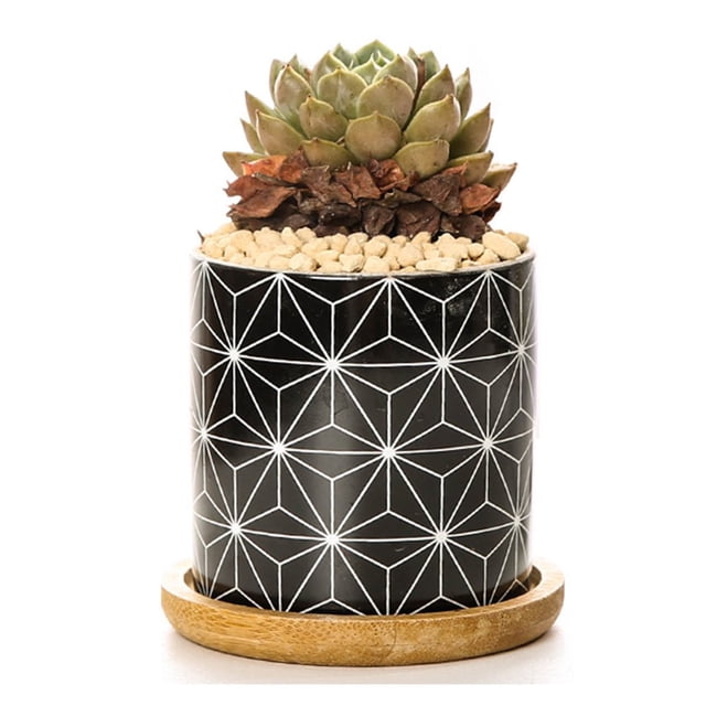 Plant Pot Cylindrical Flowerpot 7.5x7.6cm Geometric Pattern Simple Black White Nordic Style Home Decor Ceramic Vase