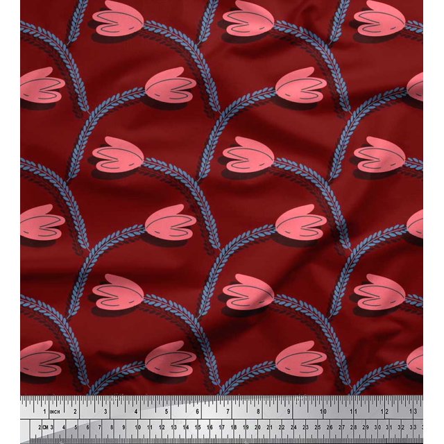 Soimoi polyester Crepe Fabric Leaves & Tulip Floral Decor Fabric Printed Yard 42 Inch Wide