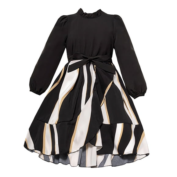 FhsagQ Dresses Girls Christmas Dresses Size 10/12 Toddler Girls Long Sleeve Stripe Prints Princess Dress Dance Party Dresses Clothes Christmas Dresses for Girls 7-8 Years Old Fancy Black 7-8 Years