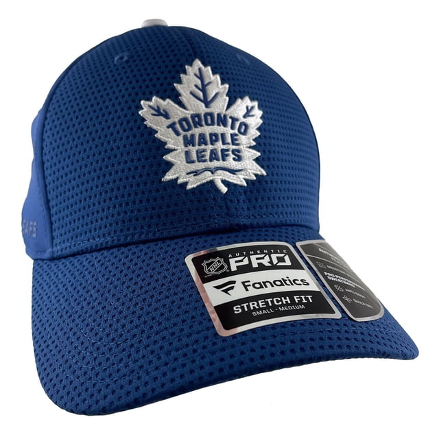 Toronto Maple Leaf Fanatics NHL Hat is a blue lightweight mesh ball cap with an embroidered white maple leaf logo and 'Toronto Maple Leafs' text on the front, featuring a curved brim and NHL Authentic Pro and Fanatics stretch fit labels, often used for casual wear and fan events.
