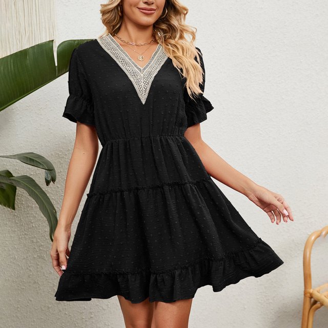 Pisexur Robe à Manches Courtes à Col en V Mode pour Femmes Couleur Unie Confortable Ample Robe Décontractée à Manches Courtes avec Découpes en Dentelle Robe pour Femmes en Liquidation