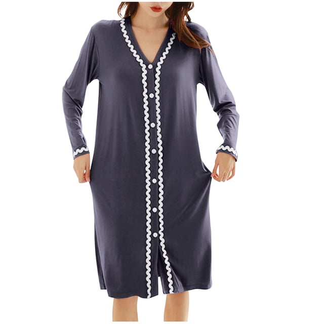 Timegard Chemise de Nuit pour Femmes à Boutons, Col en V, Manches Longues, Chemises de Sommeil, Pyjama Décontracté, Robe de Maison Confortable