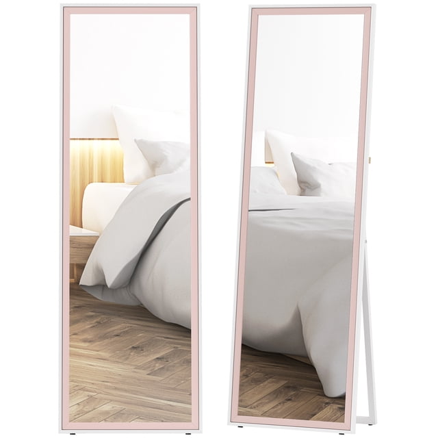 HOMCOM 64" x 21" full length mirror with a rectangular design and pink dual-tone frame, ideal for cosmetic use and home decor. Features shatterproof tempered glass for safety and a clear head-to-toe reflection. Displayed freestanding in a modern bedroom setting with wooden flooring and white bedding.