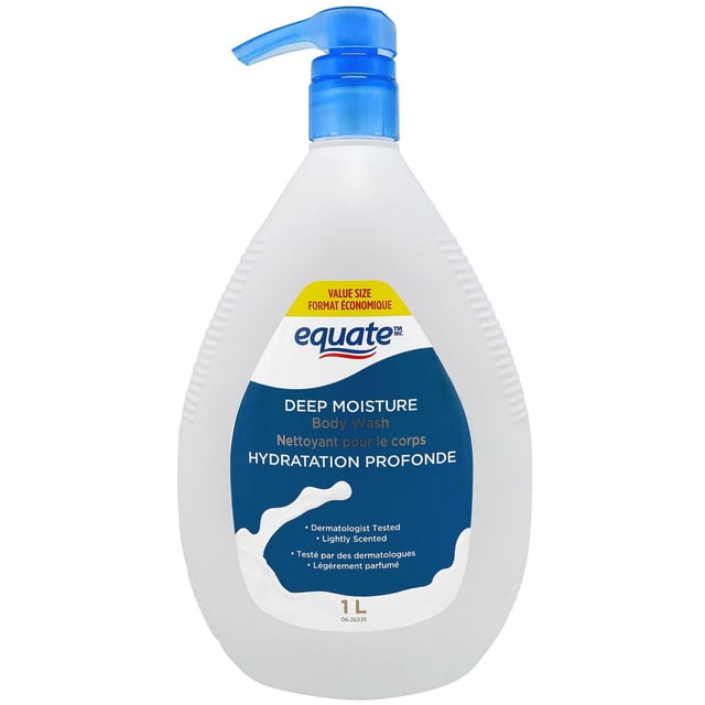 Equate Deep Moisturizing Body Wash 1L bottle with blue pump dispenser and white-blue label, featuring a dermatologist-tested, sulfate-free, paraben-free, lightly scented formula for gentle cleansing and deep hydration in bath and shower body care.