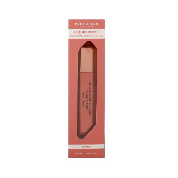 PROFUSION COSMETICS Hydrating Liquid Lipstick in shade Lover, displayed in a coral-pink box with a clear window showing the liquid lipstick tube with rose gold cap, formulated for long-lasting hydration and transfer-proof wear, suitable for versatile day-to-night makeup looks.