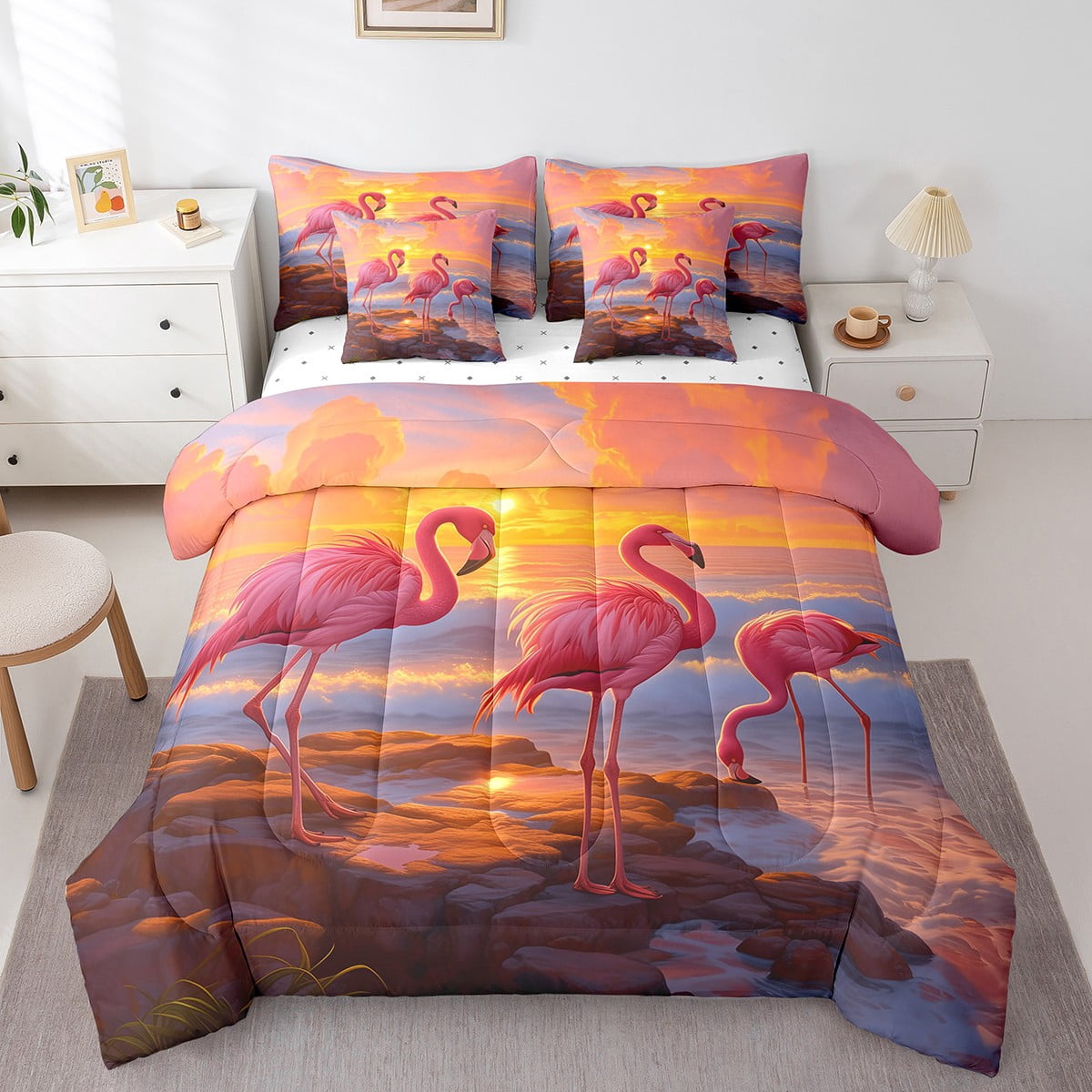 YST, Chic Flamingo, Bed in a Bag, Beach Theme, 7-Piece, Tropical Animal, , , , , , , Comforter Set, Full