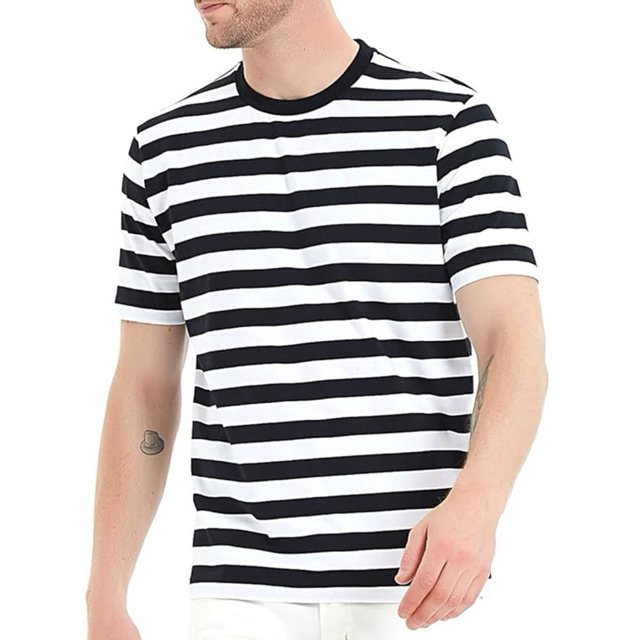 LEFU Chemises Décontractées Homme Manches Courtes Rayé Noir Blanc Polyester T-Shirt Été Vacances Voyage Chandail de Base Col Rond (3TG)