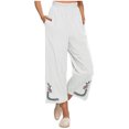 thumbnail image 2 of Pantalon Grand Court pour Femmes en Coton et Lin, Taille Haute Élastique, Pantalon Palazzo avec Poches, Blanc, 2 of 7
