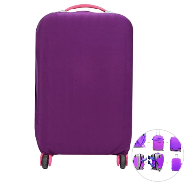 Elastic travel luggage cover in purple, designed to fit 22-24 inch trolley cases. Made of stretch fabric, it protects against dust, scratches, and damage. Features include easy access to handles, high elasticity for a secure fit, and a design that makes your suitcase easily recognizable. Approximate dimensions are 64.5 x 55.5 cm (25.4 x 22 inches).