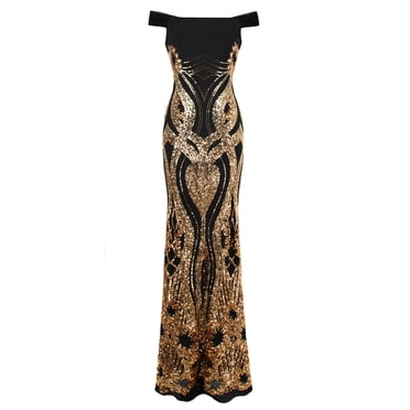 Angel-fashions Women's Off Shoulder Gold Floral Pattern Sequins Sheath Evening Gown