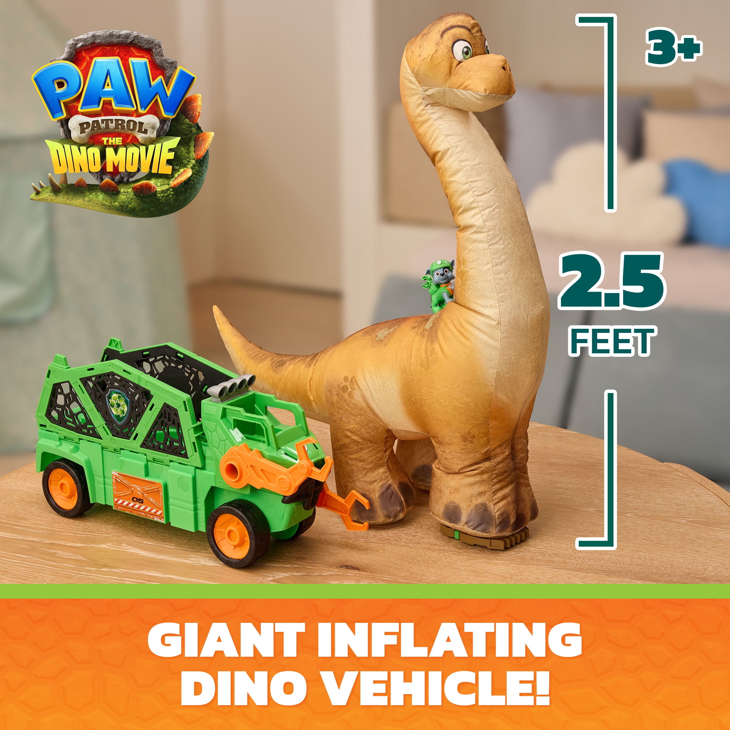 PAW Patrol: The Dino Movie, Véhicule Megasaurus Dino avec dinosaure gonflable de 76,2 cm et figurine Rocky articulée, jouets pour enfants d'âge préscolaire, pour filles et garçons à partir de 3 ans