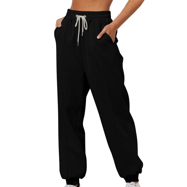 Pisexur Womens Sweatpants Ribbed Straight Leg Sweatpants High Waist Workout Jogging Pants Trendy Casual Solid Color Sweat Pants Baggy Comfort Drawstring Wide Leg Pants Loungewear with Pockets