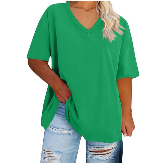 Yuyuzo Plus Size Tops for Women Casual V Neck Solid Color T-Shirts Short Sleeve Beach Summer Tops
