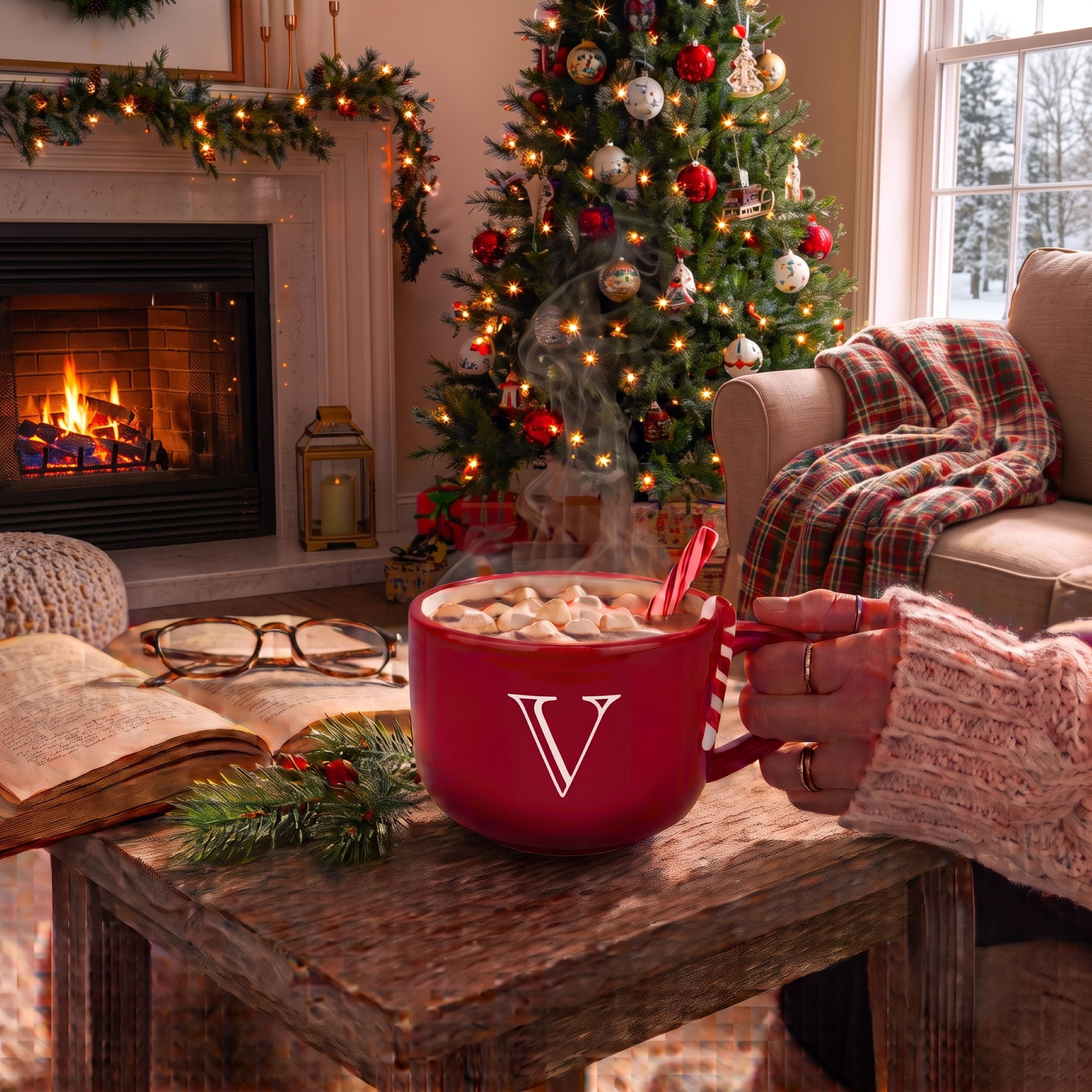 Holiday Time Dolomite Monogram Mugs - V