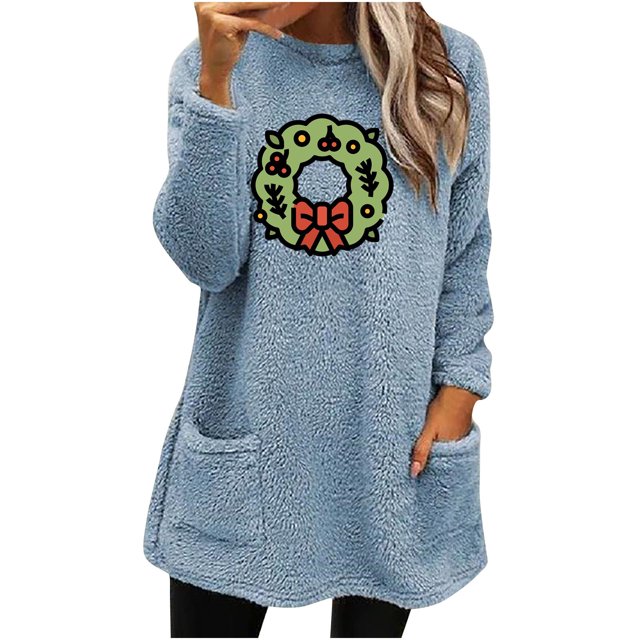 Timegard Tops for Women Fall Winter Fleece Linend Christmas Print Long Sleeve Thick Pullover with Pockets