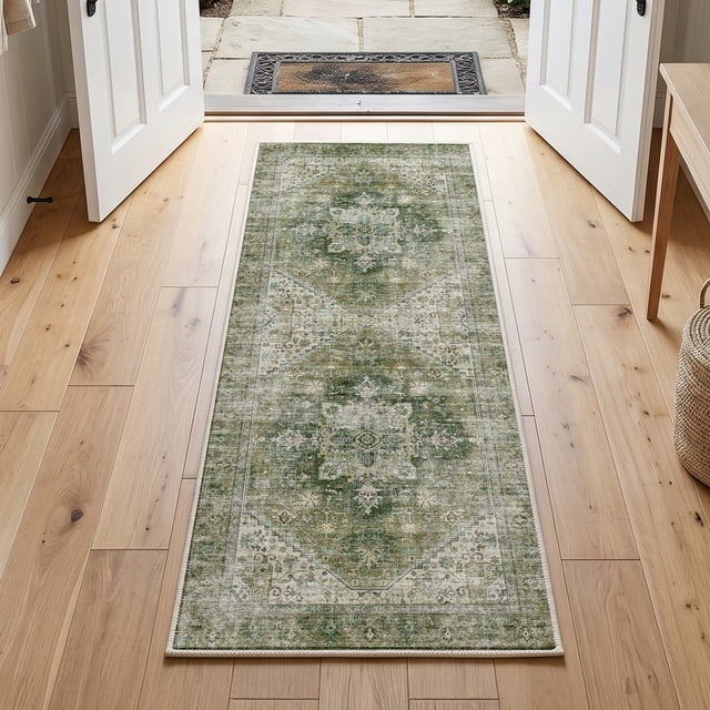 Exenoray Washable Bohemian Rug, Non-Slip Low Pile Printed Carpet, Faux Cashmere Surface, Vintage Green 2*6