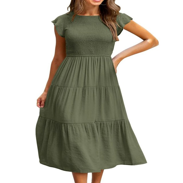 Robe Midi à Manches Courtes Volantées Froncée pour Femme, Été, Décontractée, à Volants, Ligne A, Orange, P