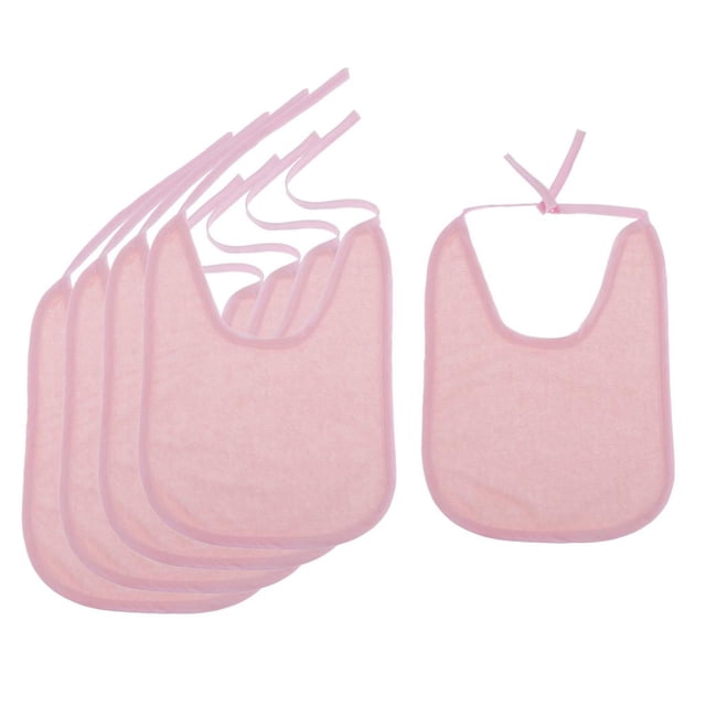 5pcs. Baby Bib Fall Protection, Water Lightweight set with five pink fabric bibs made of TPU water cloth material. Each bib measures approximately 29 x 22 cm and is ideal for adults, elderly, or individuals with dexterity challenges. These reusable and washable bibs offer water resistance, anti-fouling properties, and practical protection during mealtime.