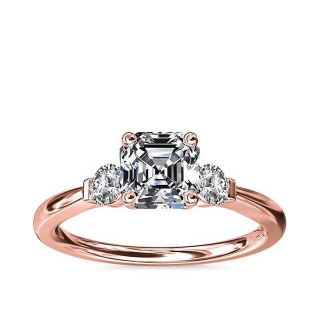 0.70 Carat Excellent Asscher Cut Real Diamond New Design Three Stone Ring for Wedding Solid 18K Rose Gold Size 11