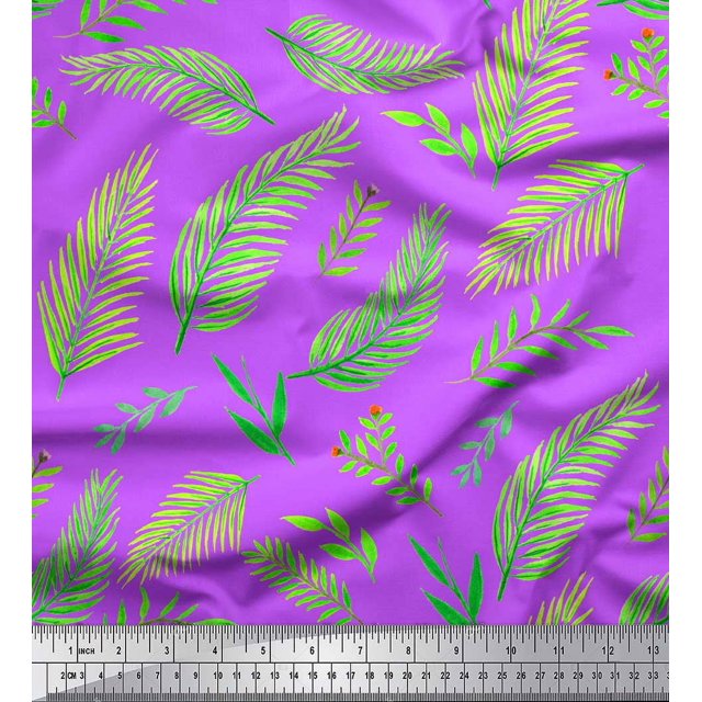 Soimoi Purple Poly Georgette Fabric Palm Leaves Printed Fabric 1 Yard 52 Inch Wide