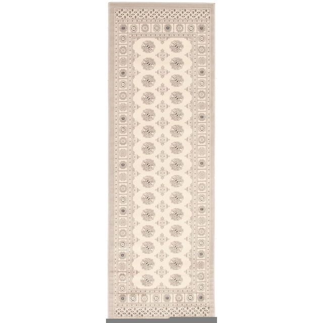 Tekke Oriental Area Rug for Living Room, Dining Room, Bedroom with a rectangular runner design featuring symmetrical repeated oval motifs in beige and taupe, bordered by intricate floral and diamond patterns on a soft pile, ideal for hallways or narrow spaces adding traditional elegance and comfort.