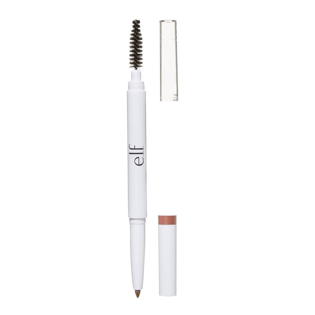 e.l.f. Cosmetics Instant Lift Brow Pencil with dual-ended slim mechanical pencil in brown and spoolie brush, white barrel with elf logo, clear cap removed, designed to shape, define, and fill eyebrows naturally.
