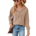 thumbnail image 2 of Yuyuzo Womens Fall Sweatshirts Drawstring V Neck Buttons Long Sleeve Textured Knit Pullover Tops, 2 of 7