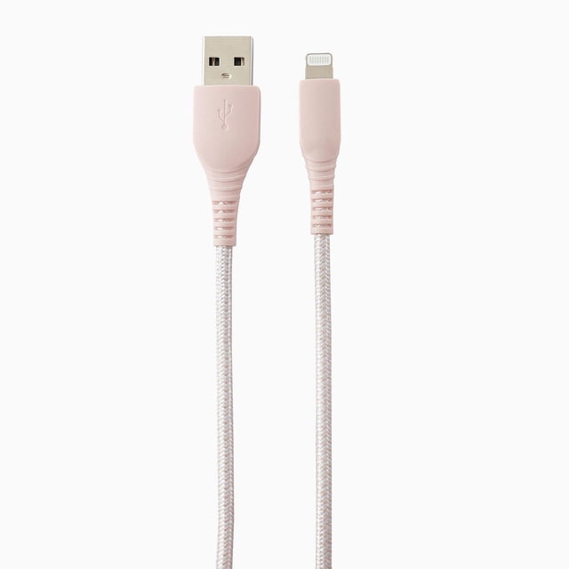 blackweb 3 FT Lightning to USB-A Charge and Sync Cable with Durable Braided Cord in pale braided nylon, showing USB-A connector on the left and Lightning connector on the right, designed for charging and data transfer with reinforced strain relief, suitable for iPhone and iPad devices.