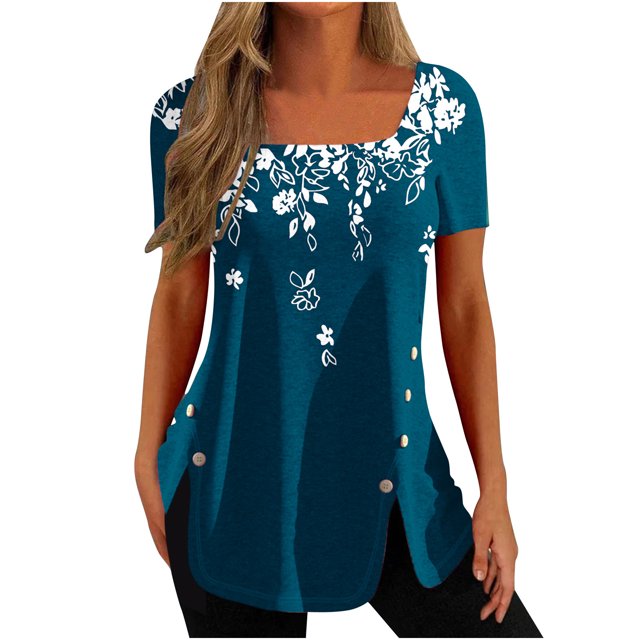 Pompotops Mode Femmes Casual Imprimé Col Carré Manches Courtes Tops Chemisiers Amples