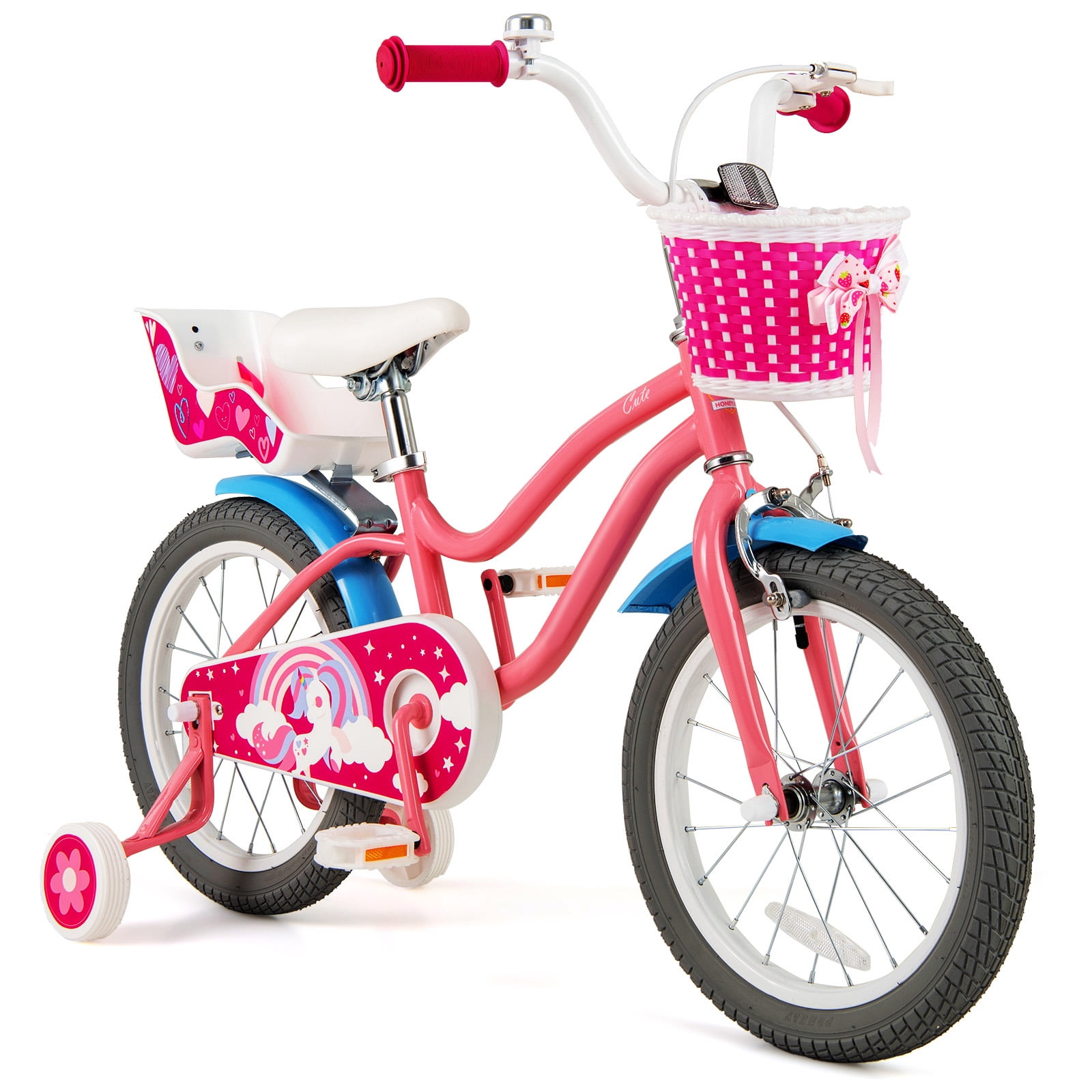 Gymax 16 Inch Kids Bike Children’s Bicycle w/ Training Wheels & Storage Basket & Doll Seat