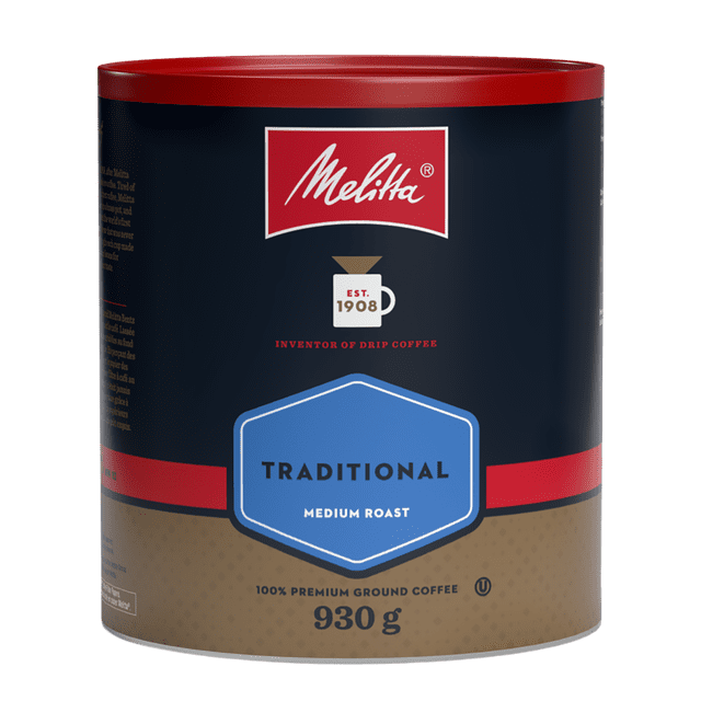 Melitta Traditional Medium Roast & Ground Coffee front-facing sealed bag showing Melitta branding and product text; labelled Premium Arabica beans, medium roast with extra fine (European) grind for a full-bodied, smooth cup, kosher certified and ideal for cone-style coffee makers; often used to add mocha flavour in baking or desserts.
