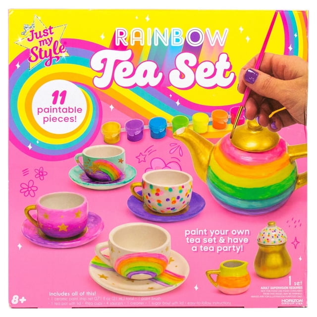 Just My Style® Ensemble de Thé Arc-en-Ciel avec 11 Pcs en Céramique à Peindre, Incluant une Théière, Quatre Tasses, Quatre Soucoupes, une Crème et un Bol à Sucre avec Couvercles, Montré avec des Rayures Arc-en-Ciel et des Détails Dorés, une Peinture à la Main de la Théière avec un Pinceau Rose, Parfait pour les Enfants de 8 Ans et Plus pour Personnaliser et Profiter de Fêtes de Thé Factices.