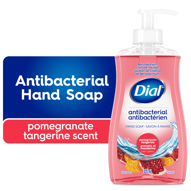 Dial Antibacterial Liquid Hand Soap, pomegranate tangerine scent, 325ml clear plastic bottle with white pump dispenser, pink antibacterial hand soap with images of pomegranate seeds and tangerine slices on label, dermatologist tested and pH balanced for gentle daily hand care.