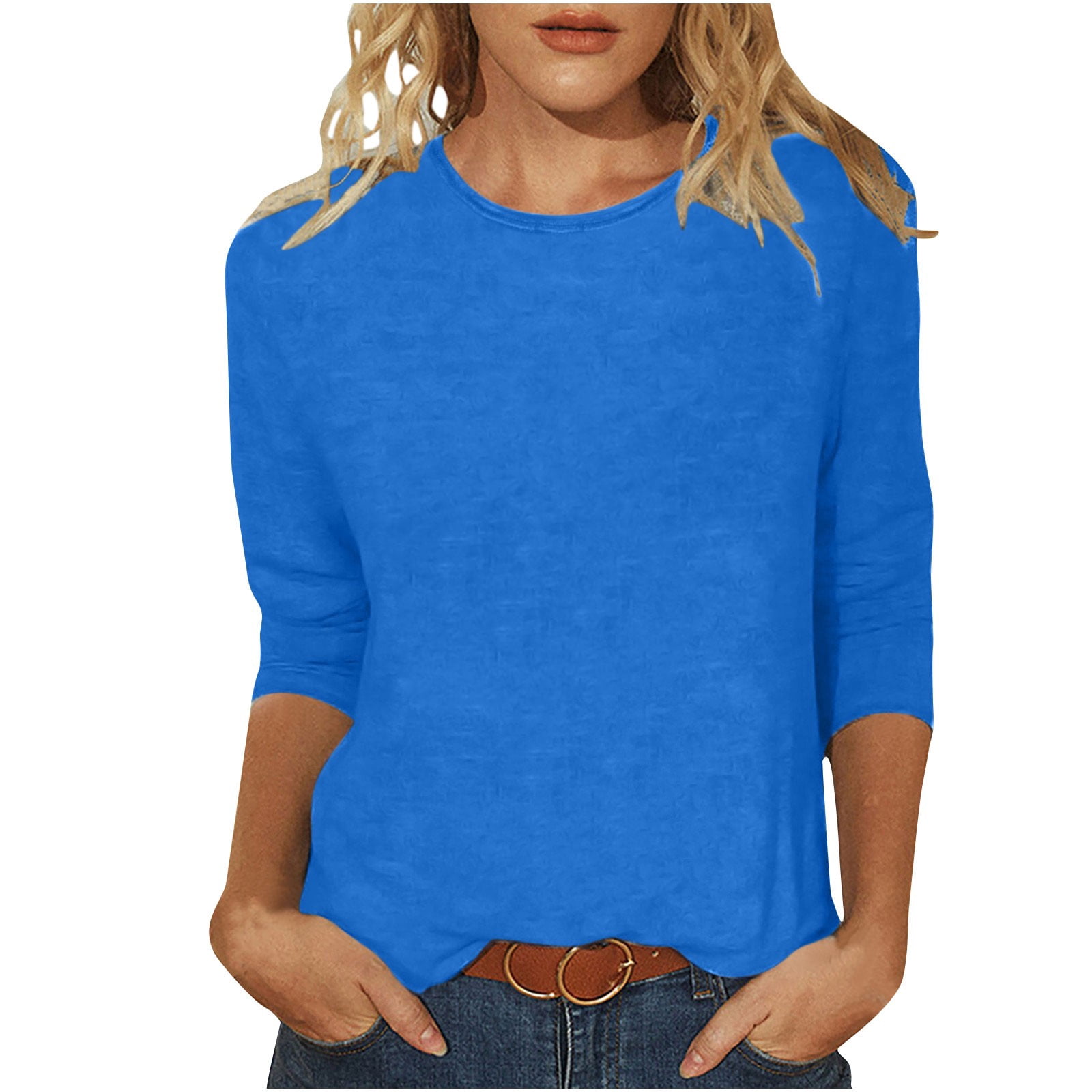 Cameland Hauts pour Femmes Couleur Unie Col Rond Manches 3/4 T-shirts Décontractés Confortables Fins